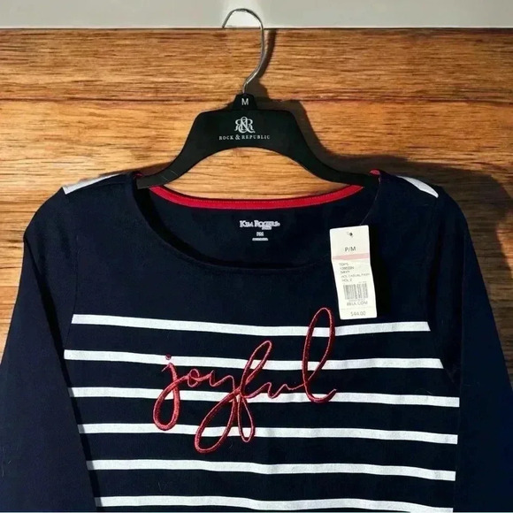Kim Rogers NEW Petite Medium Women's Blue and White "Joyful" Christmas Tops Tees - Picture 2 of 3